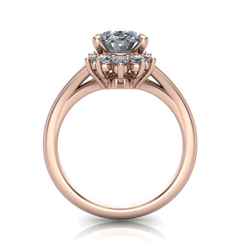 Sage oval halo engagement ring in 14K Rose Gold, through-finger front profile showing the cluster halo head raised above the polished split shank