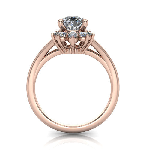 Sage pear halo engagement ring in 18K Rose Gold, through-finger front profile showing the cluster halo head raised above the polished split shank