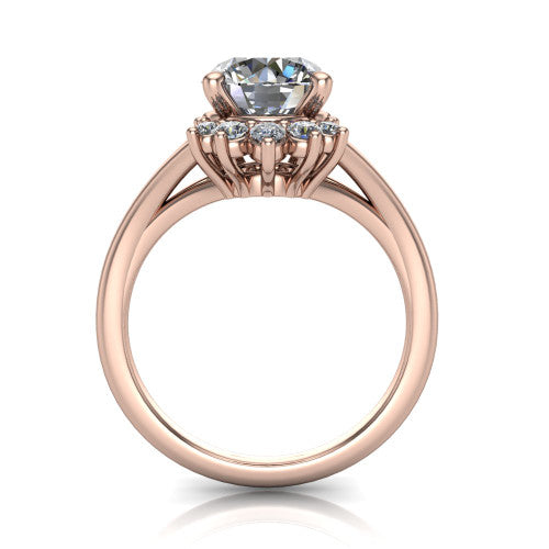 Sage round halo engagement ring in 14K Rose Gold, through-finger front profile showing the cluster halo head raised above the polished split shank