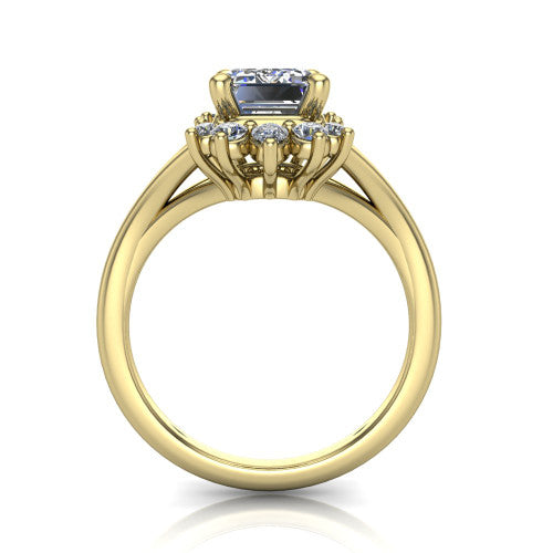 Sage emerald halo engagement ring in 18K Yellow Gold, through-finger front profile showing the cluster halo head raised above the polished split shank