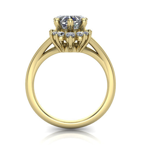 Sage heart halo engagement ring in 14K Yellow Gold, through-finger front profile showing the cluster halo head raised above the polished split shank