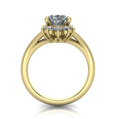 Sage oval halo engagement ring in 14K Yellow Gold, through-finger front profile showing the cluster halo head raised above the polished split shank