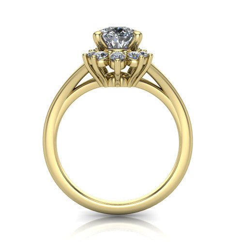 Sage pear halo engagement ring in 14K Yellow Gold, through-finger front profile showing the cluster halo head raised above the polished split shank