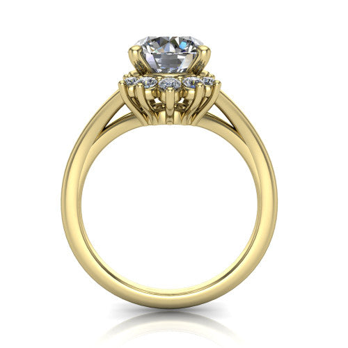 Sage round halo engagement ring in 14K Yellow Gold, through-finger front profile showing the cluster halo head raised above the polished split shank