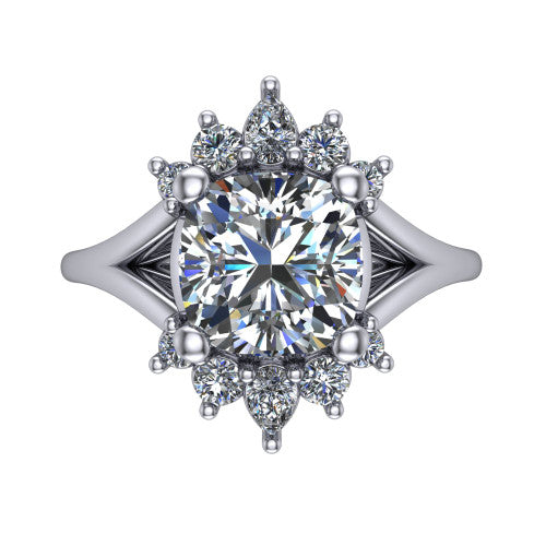 Sage cushion halo engagement ring in 14K White Gold, top-down view showing the center diamond ringed by a ballerina halo of pear and round accent diamonds