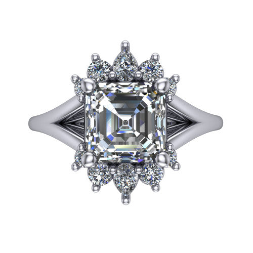 Sage asscher halo engagement ring in Platinum, top-down view showing the center diamond ringed by a ballerina halo of pear and round accent diamonds