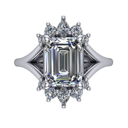 Sage emerald halo engagement ring in 18K White Gold, top-down view showing the center diamond ringed by a ballerina halo of pear and round accent diamonds