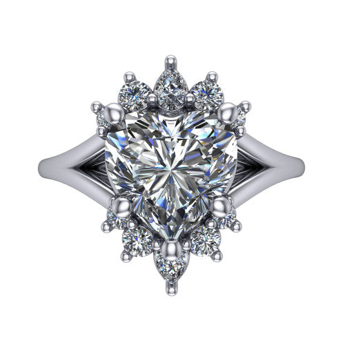Sage heart halo engagement ring in 14K White Gold, top-down view showing the center diamond ringed by a ballerina halo of pear and round accent diamonds