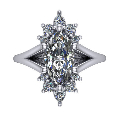 Sage marquise halo engagement ring in Platinum, top-down view showing the center diamond ringed by a ballerina halo of pear and round accent diamonds