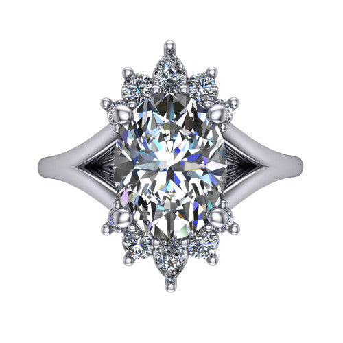 Sage oval halo engagement ring in 18K White Gold, top-down view showing the center diamond ringed by a ballerina halo of pear and round accent diamonds