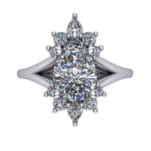 Sage pear halo engagement ring in 18K White Gold, top-down view showing the center diamond ringed by a ballerina halo of pear and round accent diamonds