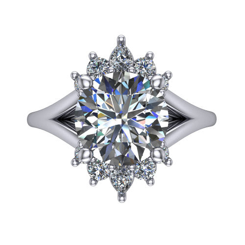 Sage round halo engagement ring in 14K White Gold, top-down view showing the center diamond ringed by a ballerina halo of pear and round accent diamonds