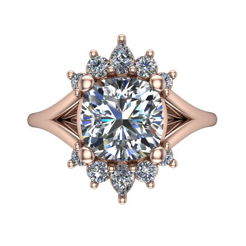 Sage cushion halo engagement ring in 14K Rose Gold, top-down view showing the center diamond ringed by a ballerina halo of pear and round accent diamonds