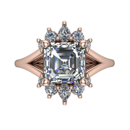Sage asscher halo engagement ring in 14K Rose Gold, top-down view showing the center diamond ringed by a ballerina halo of pear and round accent diamonds