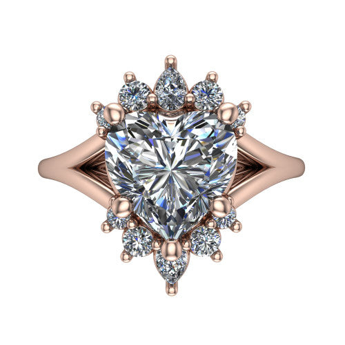 Sage heart halo engagement ring in 14K Rose Gold, top-down view showing the center diamond ringed by a ballerina halo of pear and round accent diamonds