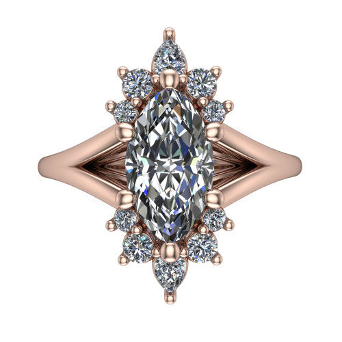 Sage marquise halo engagement ring in 18K Rose Gold, top-down view showing the center diamond ringed by a ballerina halo of pear and round accent diamonds