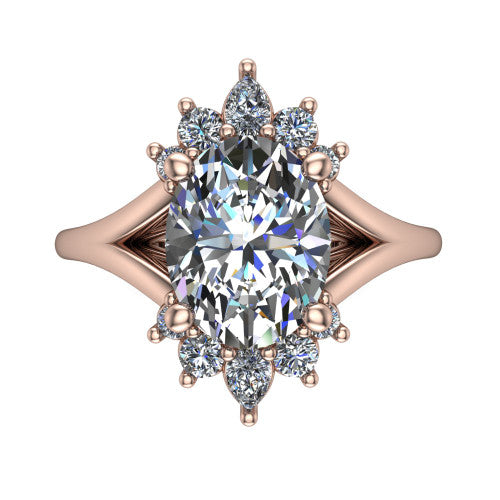 Sage oval halo engagement ring in 14K Rose Gold, top-down view showing the center diamond ringed by a ballerina halo of pear and round accent diamonds
