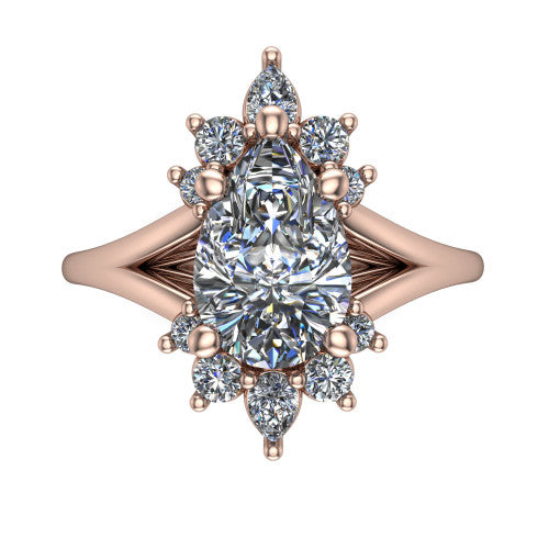 Sage pear halo engagement ring in 18K Rose Gold, top-down view showing the center diamond ringed by a ballerina halo of pear and round accent diamonds