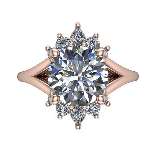 Sage round halo engagement ring in 14K Rose Gold, top-down view showing the center diamond ringed by a ballerina halo of pear and round accent diamonds