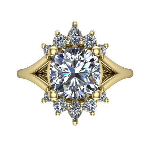 Sage cushion halo engagement ring in 18K Yellow Gold, top-down view showing the center diamond ringed by a ballerina halo of pear and round accent diamonds