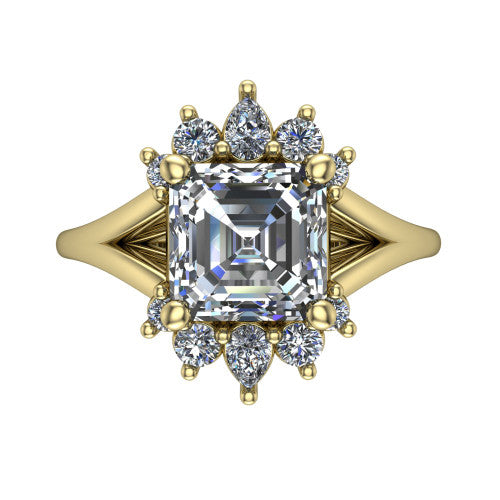 Sage asscher halo engagement ring in 18K Yellow Gold, top-down view showing the center diamond ringed by a ballerina halo of pear and round accent diamonds