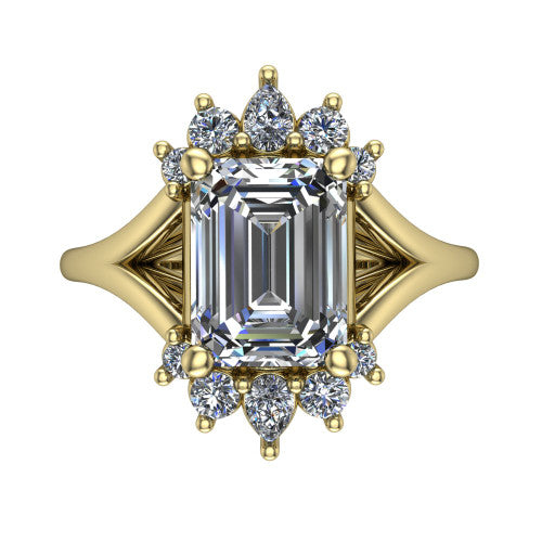 Sage emerald halo engagement ring in 14K Yellow Gold, top-down view showing the center diamond ringed by a ballerina halo of pear and round accent diamonds