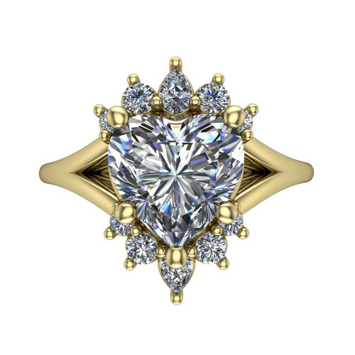 Sage heart halo engagement ring in 14K Yellow Gold, top-down view showing the center diamond ringed by a ballerina halo of pear and round accent diamonds