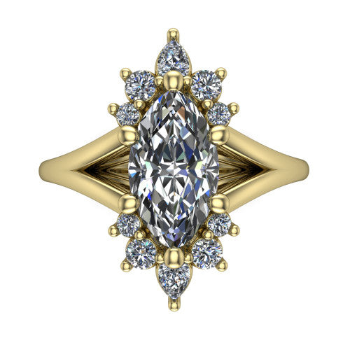 Sage marquise halo engagement ring in 14K Yellow Gold, top-down view showing the center diamond ringed by a ballerina halo of pear and round accent diamonds