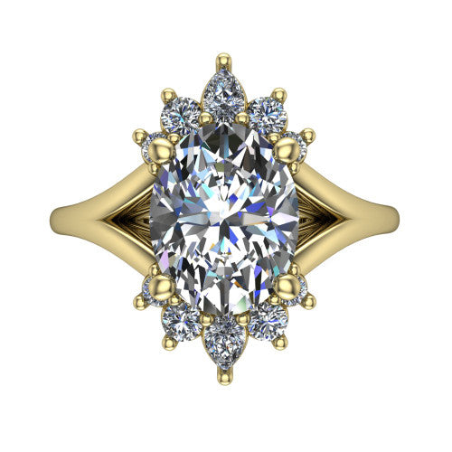 Sage oval halo engagement ring in 14K Yellow Gold, top-down view showing the center diamond ringed by a ballerina halo of pear and round accent diamonds