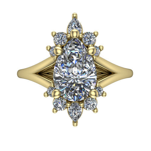 Sage pear halo engagement ring in 18K Yellow Gold, top-down view showing the center diamond ringed by a ballerina halo of pear and round accent diamonds