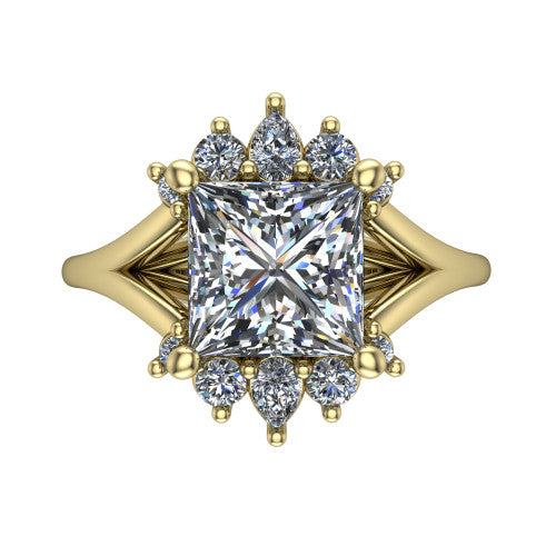Sage princess halo engagement ring in 18K Yellow Gold, top-down view showing the center diamond ringed by a ballerina halo of pear and round accent diamonds