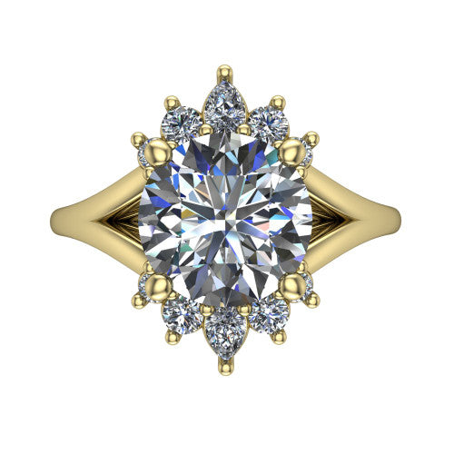Sage round halo engagement ring in 14K Yellow Gold, top-down view showing the center diamond ringed by a ballerina halo of pear and round accent diamonds