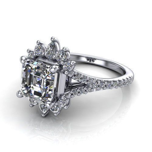 Sienna asscher halo engagement ring in 14K White Gold, three-quarter perspective showing the center framed by a vintage cluster halo of pear and round diamonds above a pav&eacute; split shank
