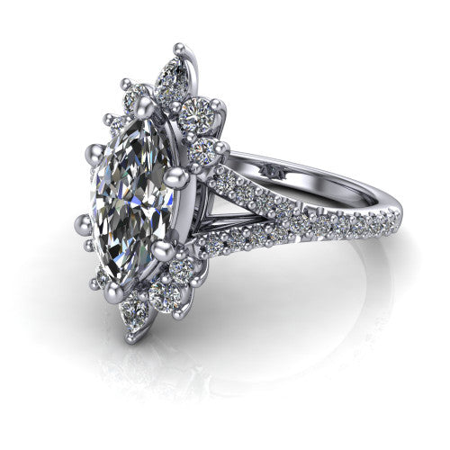 Sienna marquise halo engagement ring in 18K White Gold, three-quarter perspective showing the center framed by a vintage cluster halo of pear and round diamonds above a pav&eacute; split shank