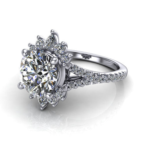 Sienna round halo engagement ring in 18K White Gold, three-quarter perspective showing the center framed by a vintage cluster halo of pear and round diamonds above a pav&eacute; split shank
