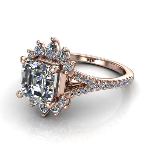 Sienna asscher halo engagement ring in 14K Rose Gold, three-quarter perspective showing the center framed by a vintage cluster halo of pear and round diamonds above a pav&eacute; split shank