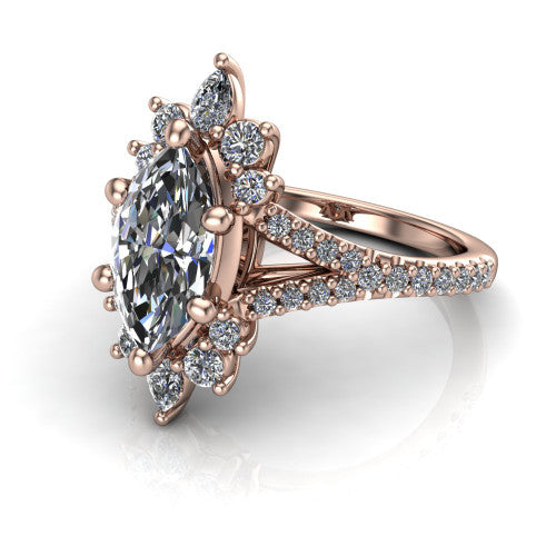 Sienna marquise halo engagement ring in 18K Rose Gold, three-quarter perspective showing the center framed by a vintage cluster halo of pear and round diamonds above a pav&eacute; split shank