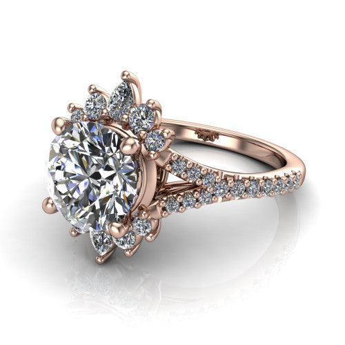 Sienna round halo engagement ring in 14K Rose Gold, three-quarter perspective showing the center framed by a vintage cluster halo of pear and round diamonds above a pav&eacute; split shank