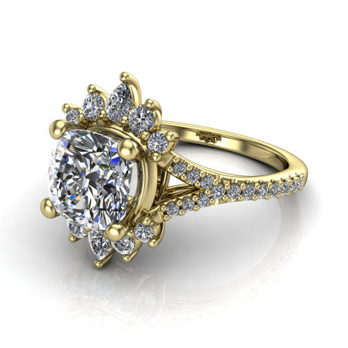 Sienna cushion halo engagement ring in 14K Yellow Gold, three-quarter perspective showing the center framed by a vintage cluster halo of pear and round diamonds above a pav&eacute; split shank
