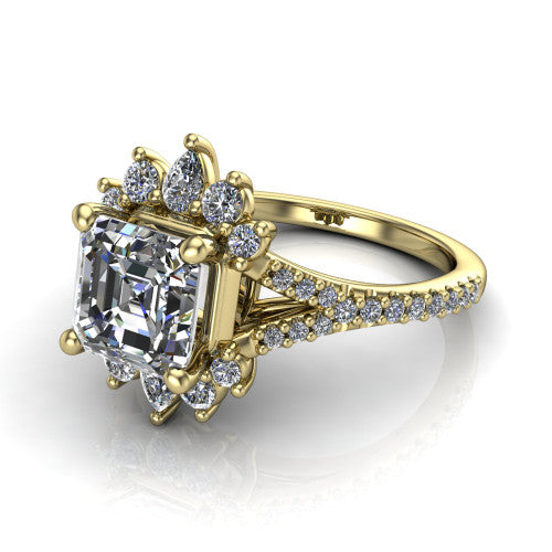 Sienna asscher halo engagement ring in 14K Yellow Gold, three-quarter perspective showing the center framed by a vintage cluster halo of pear and round diamonds above a pav&eacute; split shank