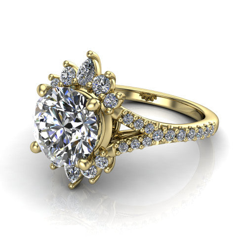 Sienna round halo engagement ring in 14K Yellow Gold, three-quarter perspective showing the center framed by a vintage cluster halo of pear and round diamonds above a pav&eacute; split shank