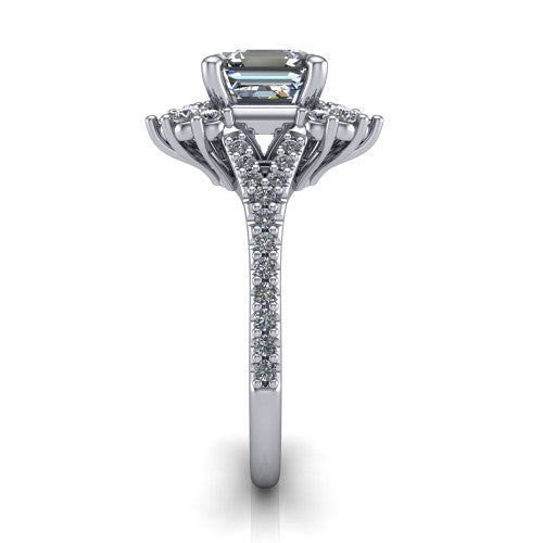 Sienna asscher halo engagement ring in Platinum, side profile showing the pear and round accent cluster and the pav&eacute; split shank