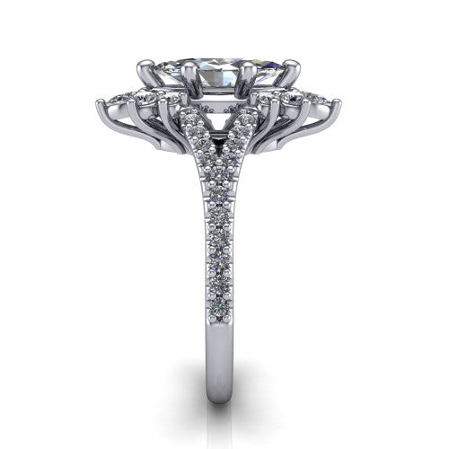 Sienna marquise halo engagement ring in Platinum, side profile showing the pear and round accent cluster and the pav&eacute; split shank