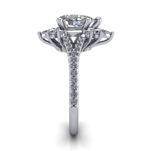 Sienna pear halo engagement ring in 14K White Gold, side profile showing the pear and round accent cluster and the pav&eacute; split shank