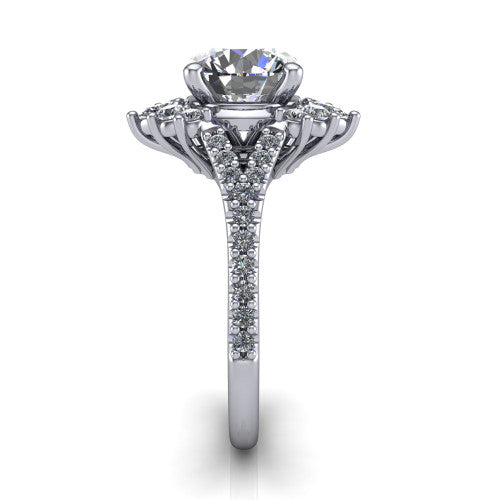 Sienna round halo engagement ring in 14K White Gold, side profile showing the pear and round accent cluster and the pav&eacute; split shank