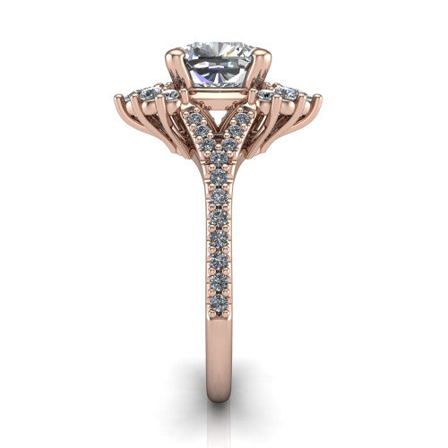 Sienna cushion halo engagement ring in 14K Rose Gold, side profile showing the pear and round accent cluster and the pav&eacute; split shank