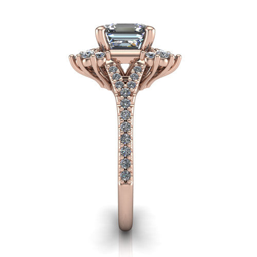 Sienna asscher halo engagement ring in 18K Rose Gold, side profile showing the pear and round accent cluster and the pav&eacute; split shank