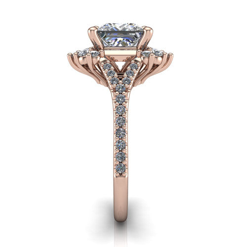 Sienna princess halo engagement ring in 14K Rose Gold, side profile showing the pear and round accent cluster and the pav&eacute; split shank