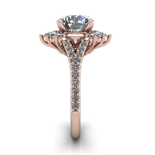 Sienna round halo engagement ring in 14K Rose Gold, side profile showing the pear and round accent cluster and the pav&eacute; split shank