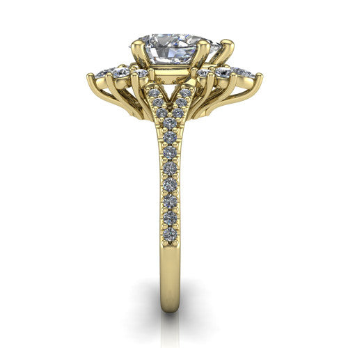 Sienna pear halo engagement ring in 14K Yellow Gold, side profile showing the pear and round accent cluster and the pav&eacute; split shank